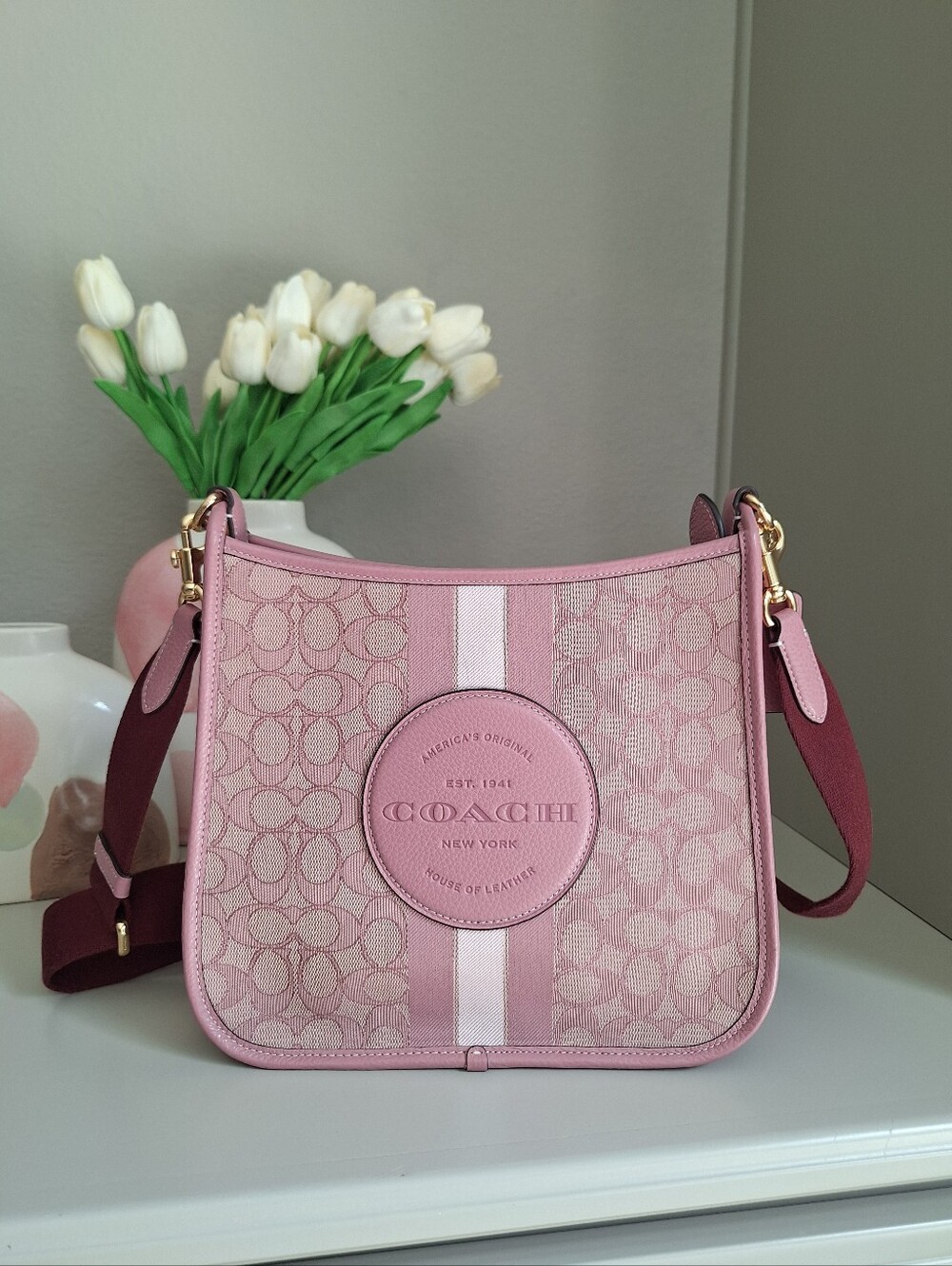 New! RARE Dempsey File Bag In Signature Jacquard With Stripe And Coach Patch